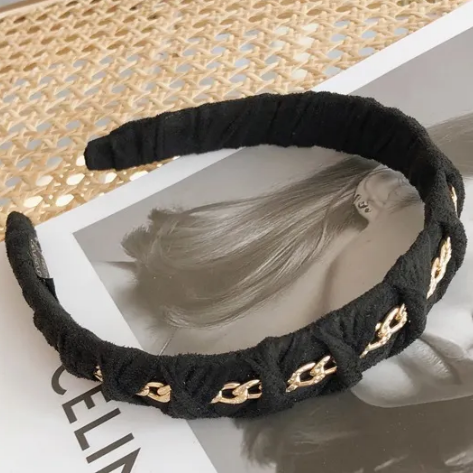 Black Satin and Wrapped Gold Chain Headband