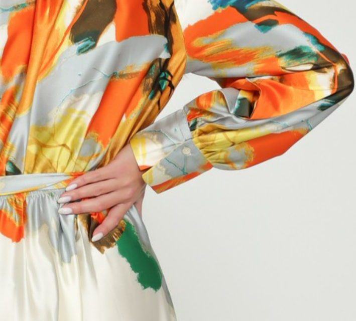 Multicolored Abstract Surplice V-Neck Long Sleeve Satin Maxi Aakaa