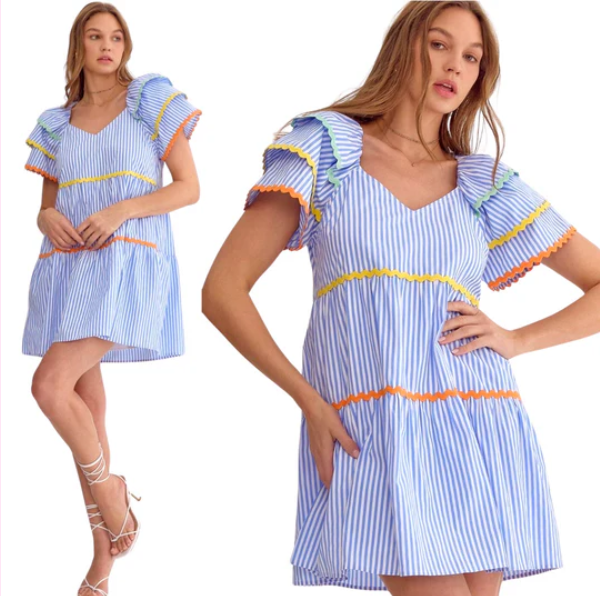 NAVY SEERSUCKER STRIPED AND MULTI-COLORED RIC RAC DRESS-Entro-Sissy Boutique