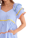 NAVY SEERSUCKER STRIPED AND MULTI-COLORED RIC RAC DRESS-Entro-Sissy Boutique