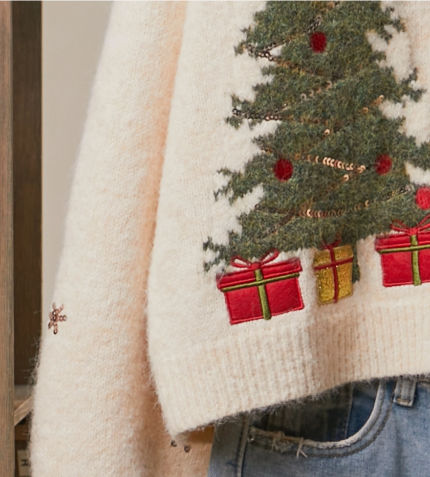 Cream Christmas Tree Button Up Long Sleeve V-Neck Cardigan | Mello.