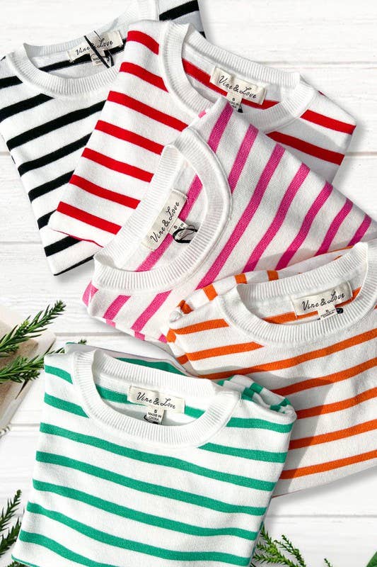 Orange Crew Neck Puff Short-sleeve Stripe Knit Sweater Top-Vine & Love-Sissy Boutique