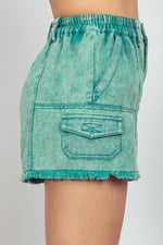 KELLY GREEN WASHED COTTON TWILL DENIM CARGO SHORTS-VERY J / LOVE RICHE-Sissy Boutique