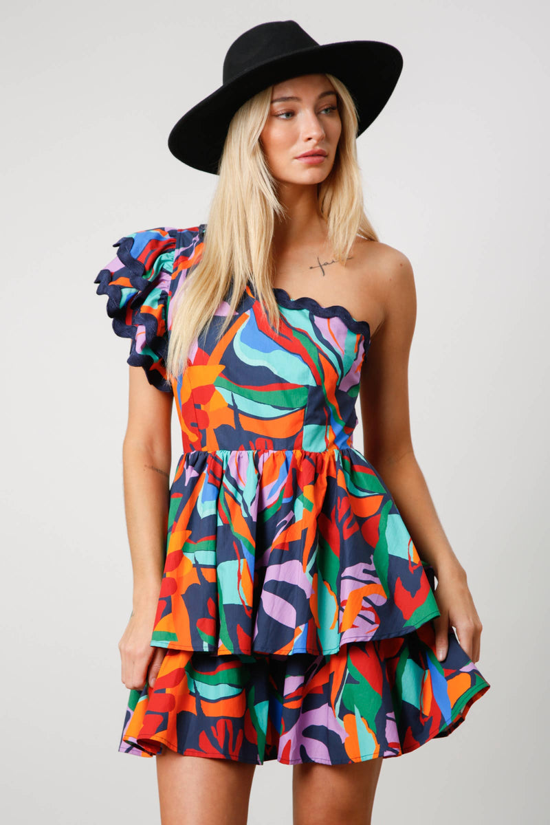 ABSTRACT NAVY ONE SHOULDER RUFFLE DRESS-Peach Love California-Sissy Boutique