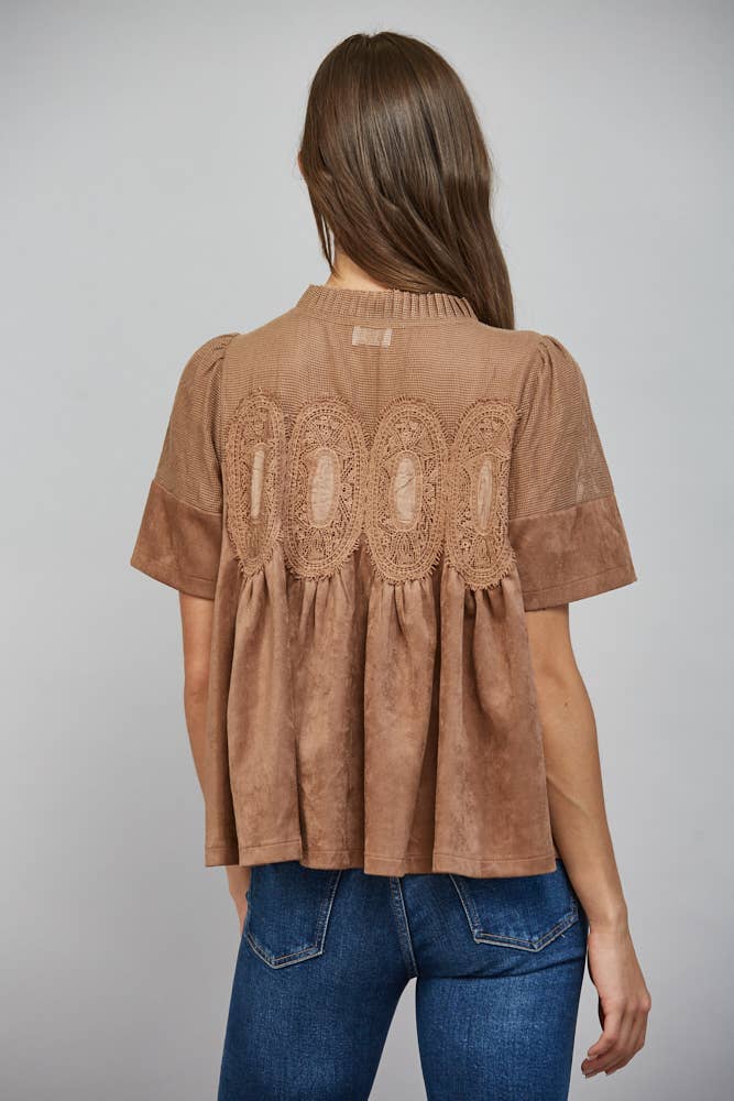 Mocha Brown Suede Top with Sheer Mesh Uppere Panel with Lace Applique | FATE