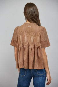 Mocha Brown Suede Top with Sheer Mesh Uppere Panel with Lace Applique | FATE
