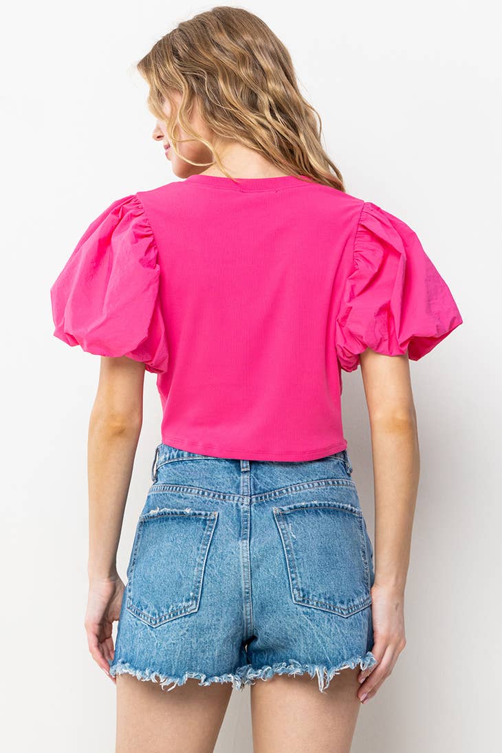 Pink Contrast Balloon Sleeve Knotted Crop Top Ces Femme