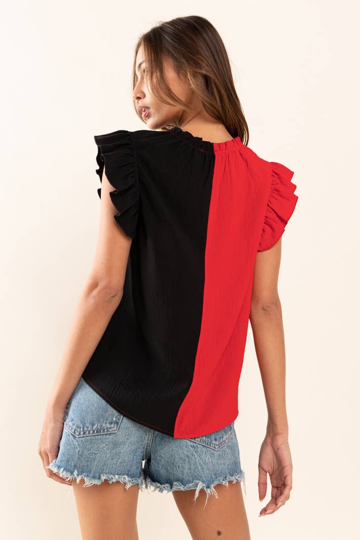 Georgia Game Day Red and Black Ruffle Colorblock Sleeveless Woven Blouse Top Ces Femme