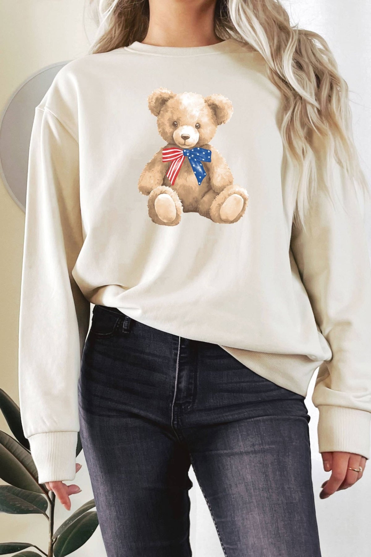 AMERICA FLAG BOW TEDDY BEAR GRAPHIC TERRY SWEATSHIRTS | Rustee Clothing