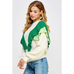 Contrast Ruffled Accent Cable Knit Sweater: Off-white/ Emerald Strut & Bolt