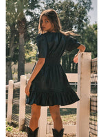 Black Faux Leather Puff Short Sleeve Smocking Dress Sissy Boutique