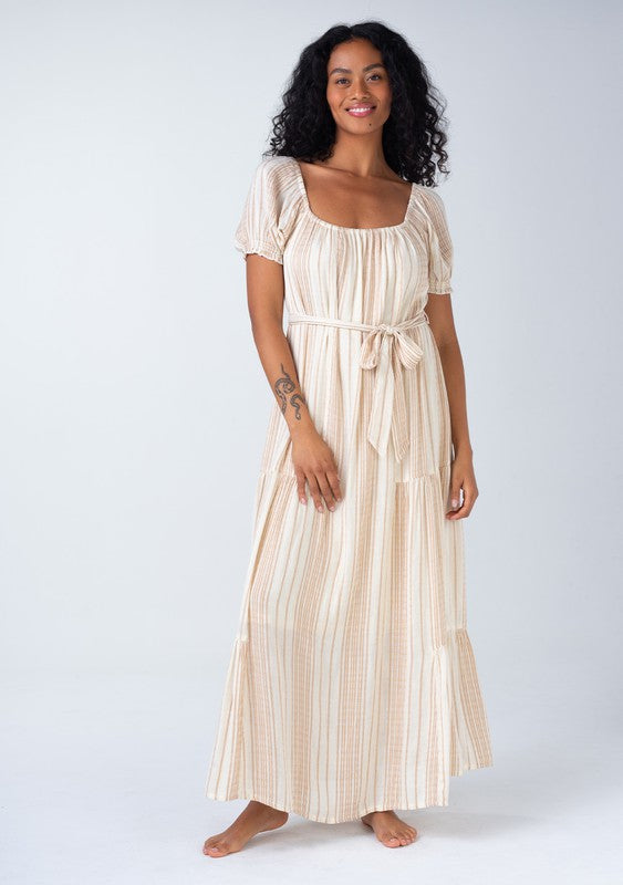 White and Taupe Striped Maxi Dress with Scoop Neckline and Elastic Waist Sissy Boutique