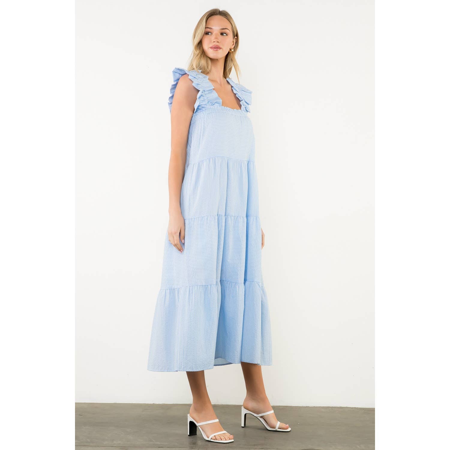 Baby Blue Flutter Sleeve Striped Tiered Dress Baby Blue Flutter Sleeve Striped Tiered Dress