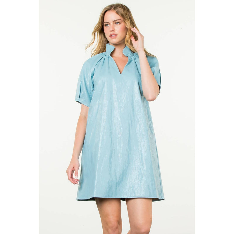 Baby Blue Short Sleeve Leather Midi Dress medium Baby Blue Short Sleeve Leather Midi Dress medium