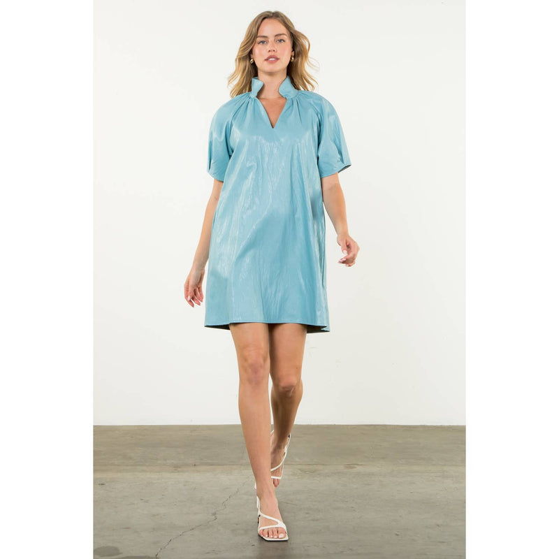 short sleeve silk midi dress Baby Blue Short Sleeve Leather Midi Dress medium