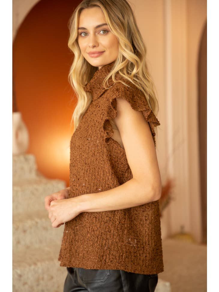 BROWN TEXTURED AND SEQUINS KNITTED TOP-VOY-Sissy Boutique