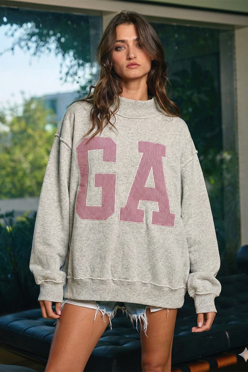 GA | 'GA' GEORGIA Embroidered Mock Neck Sweatshirt / ASH GREY | BUCKETLIST INC