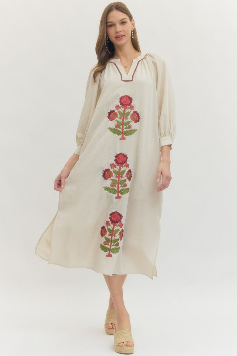 beige embroidered maxi dress Bohemian Embroidered Maxi Dress With Puff Sleeves