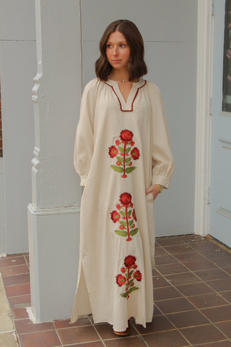 beige embroidered maxi dress Bohemian Embroidered Maxi Dress With Puff Sleeves