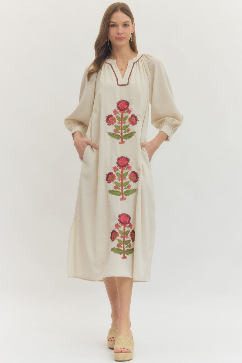 Beige Embroidered Long Sleeve V-Neck Maxi Dress with Pockets Small