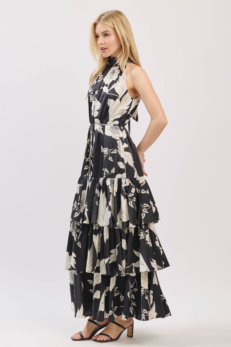 Black and Ivory Floral Satin Mock Halter Neck Tiered Maxi Dress | B I G H I T Fashion