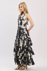Black and Ivory Floral Satin Mock Halter Neck Tiered Maxi Dress | B I G H I T Fashion