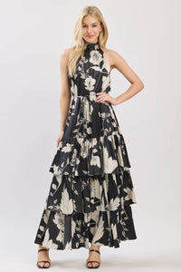 Black and Ivory Floral Satin Mock Halter Neck Tiered Maxi Dress | B I G H I T Fashion