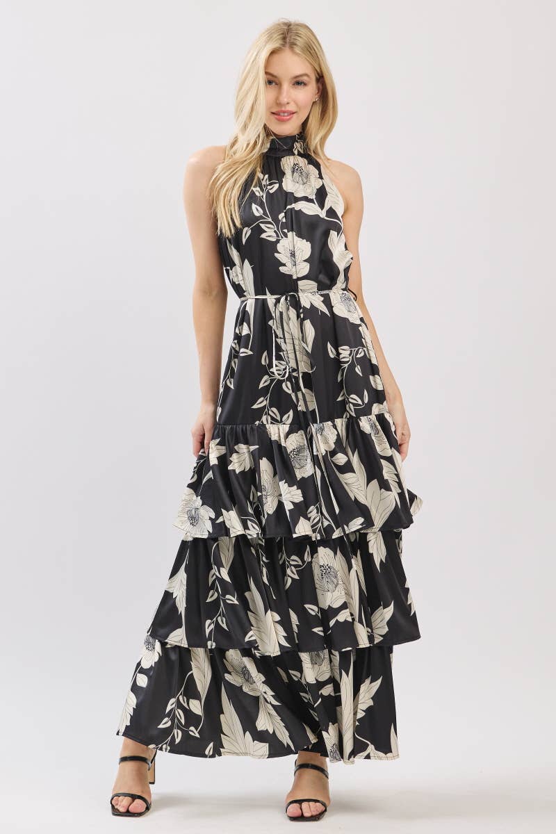 Black and Ivory Floral Satin Mock Halter Neck Tiered Maxi Dress | B I G H I T Fashion