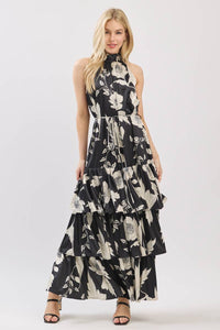 Black and Ivory Floral Satin Mock Halter Neck Tiered Maxi Dress | B I G H I T Fashion