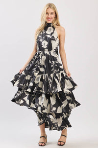 Black and Ivory Floral Satin Mock Halter Neck Tiered Maxi Dress | B I G H I T Fashion