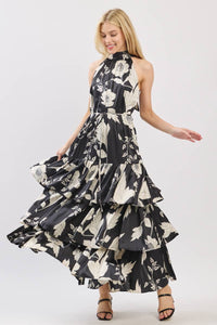 Black and Ivory Floral Satin Mock Halter Neck Tiered Maxi Dress | B I G H I T Fashion
