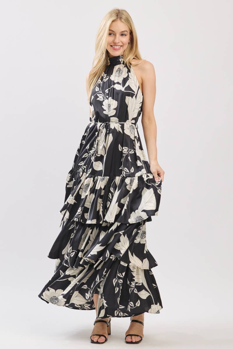 Black and Ivory Floral Satin Mock Halter Neck Tiered Maxi Dress | B I G H I T Fashion