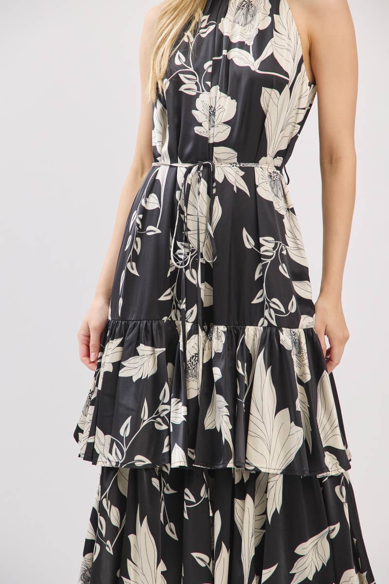 Black and Ivory Floral Satin Mock Halter Neck Tiered Maxi Dress | B I G H I T Fashion
