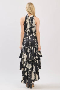 Black and Ivory Floral Satin Mock Halter Neck Tiered Maxi Dress | B I G H I T Fashion
