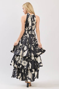 Black and Ivory Floral Satin Mock Halter Neck Tiered Maxi Dress | B I G H I T Fashion