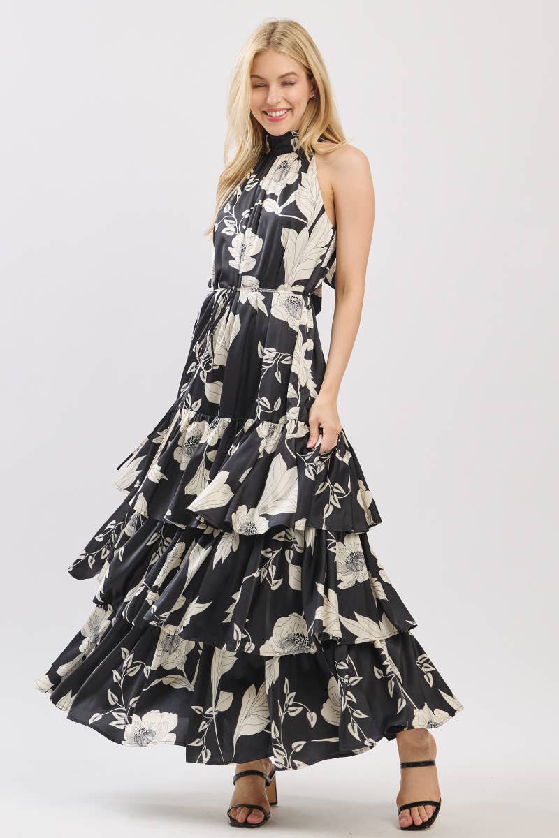 Black and Ivory Floral Satin Mock Halter Neck Tiered Maxi Dress | B I G H I T Fashion