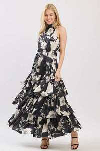 Black and Ivory Floral Satin Mock Halter Neck Tiered Maxi Dress | B I G H I T Fashion