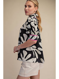 Black and White Floral Short Sleeve Blouse with Hot Pink Contrast Piping | Glam