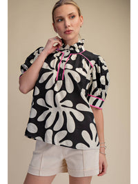 Black and White Floral Short Sleeve Blouse with Hot Pink Contrast Piping | Glam