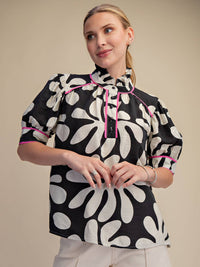 Black and White Floral Short Sleeve Blouse with Hot Pink Contrast Piping | Glam