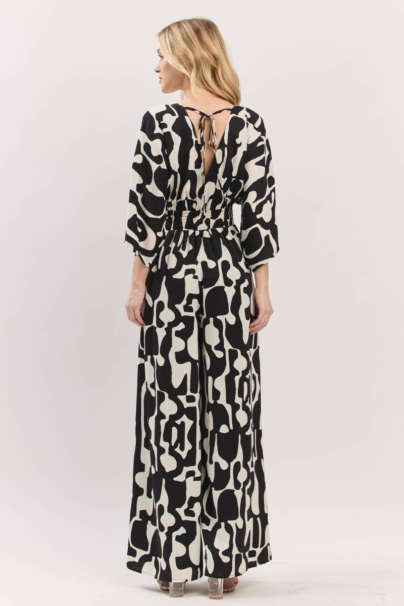 Black and White Geometric Print 3/4 Kimono Sleeve V- Neck Jumpsuit | B I G H I T Fashion