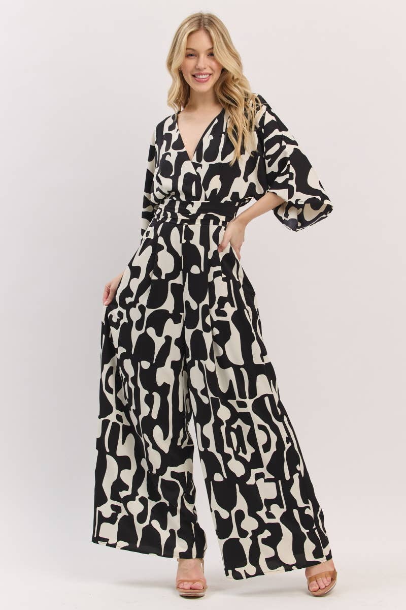 Black and White Geometric Print 3/4 Kimono Sleeve V- Neck Jumpsuit | B I G H I T Fashion