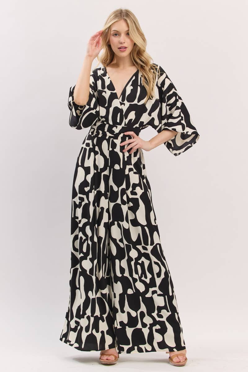 Black and White Geometric Print 3/4 Kimono Sleeve V- Neck Jumpsuit | B I G H I T Fashion