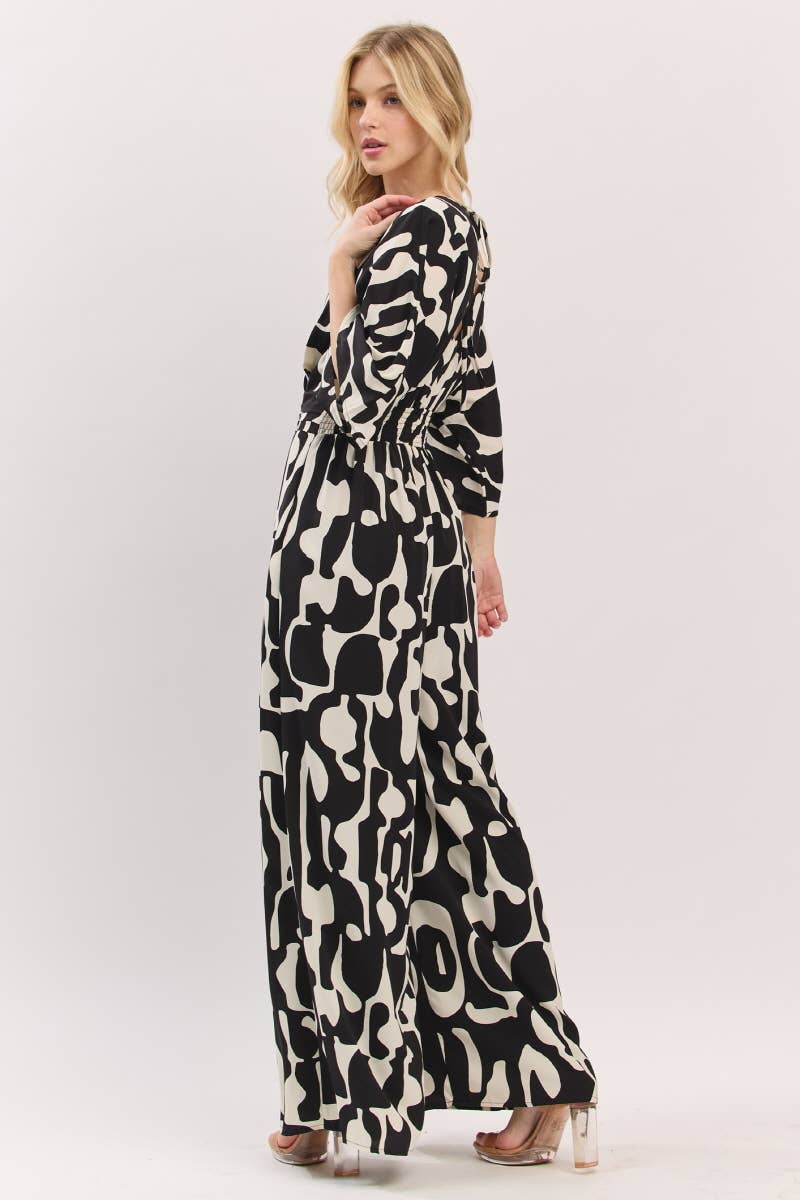 Black and White Geometric Print 3/4 Kimono Sleeve V- Neck Jumpsuit | B I G H I T Fashion