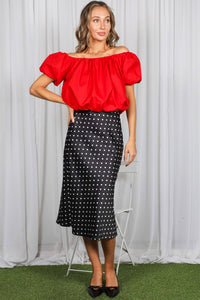 Black and White Polka Dot Print Bias Cut Satin Midi Skirt | Vine & Love