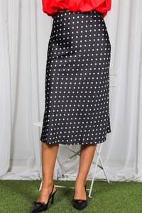 Black and White Polka Dot Print Bias Cut Satin Midi Skirt | Vine & Love