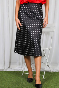 Black and White Polka Dot Print Bias Cut Satin Midi Skirt | Vine & Love