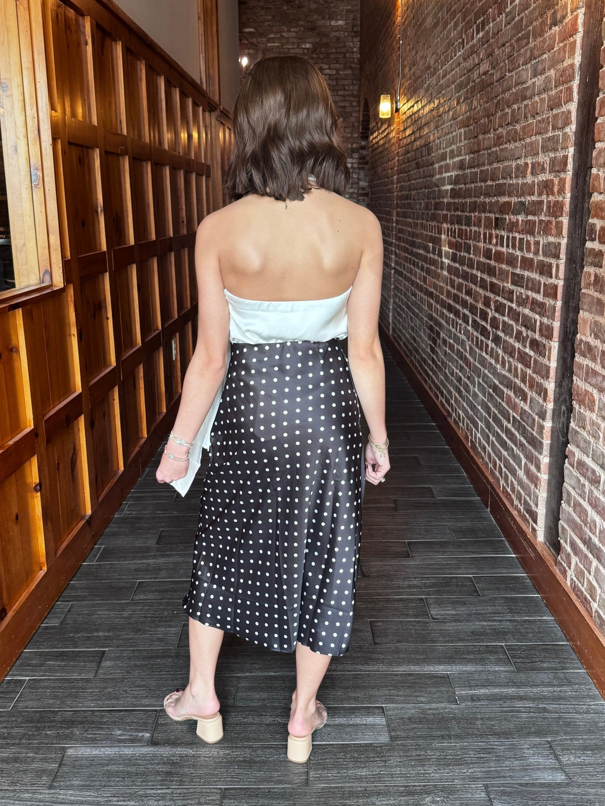 Black and White Polka Dot Print Bias Cut Satin Midi Skirt | Vine & Love