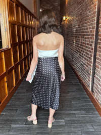 Black and White Polka Dot Print Bias Cut Satin Midi Skirt | Vine & Love