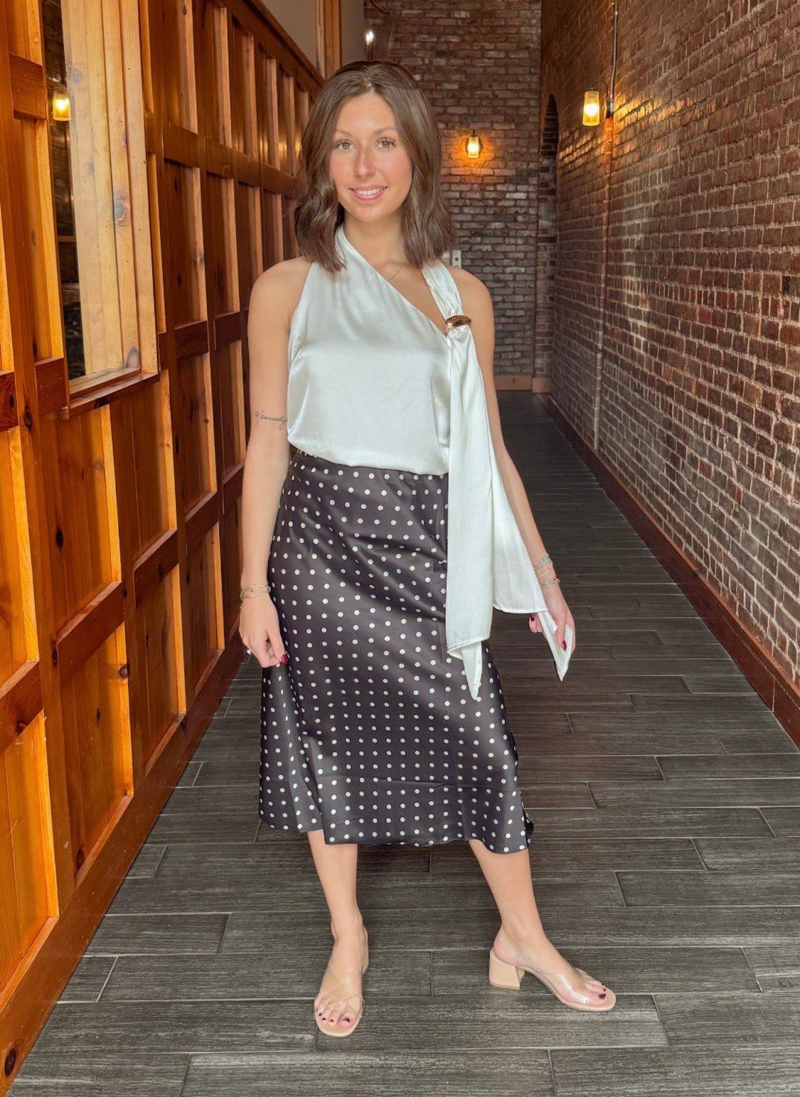 Black and White Polka Dot Print Bias Cut Satin Midi Skirt | Vine & Love